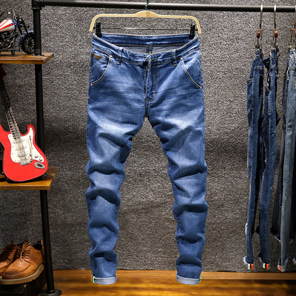 Slim Fit Stretch Small Straight Stone-Washed Solid Color Pants for Men