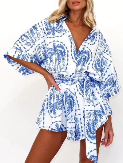 Printed Tie Waist Half Sleeve Romper - Munsieur