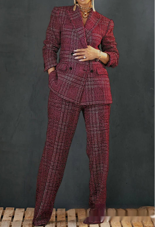 Women's Plaid Jacket Suit Loose Trousers Two-piece Suit