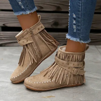 Fringe Studded Suede Flat Boots - Munsieur