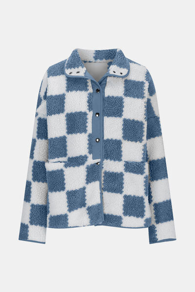 Checkered Snap Down Long Sleeve Teddy Jacket - Munsieur