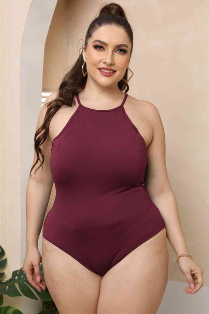 Plus Size Halter Neck Spaghetti Strap Bodysuit - Munsieur