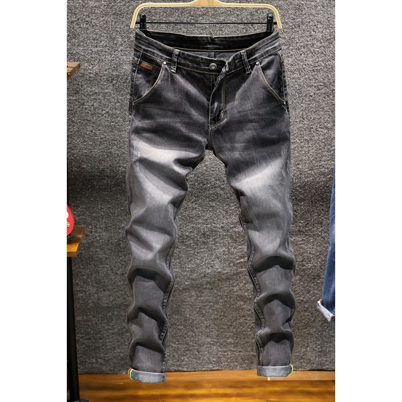 Slim Fit Stretch Small Straight Stone-Washed Solid Color Pants for Men