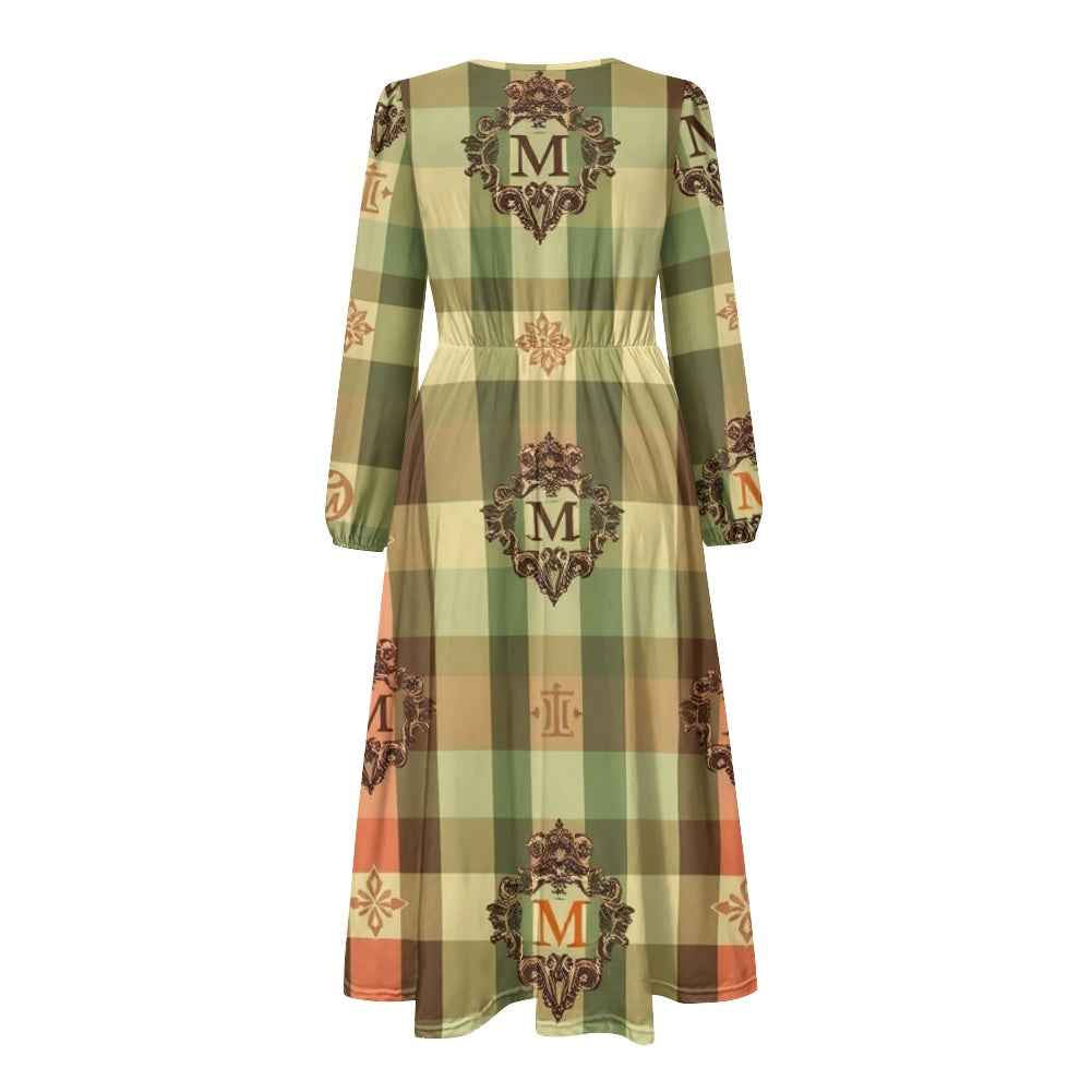 V-Neck Long Sleeve Tie Waist Midi Dress