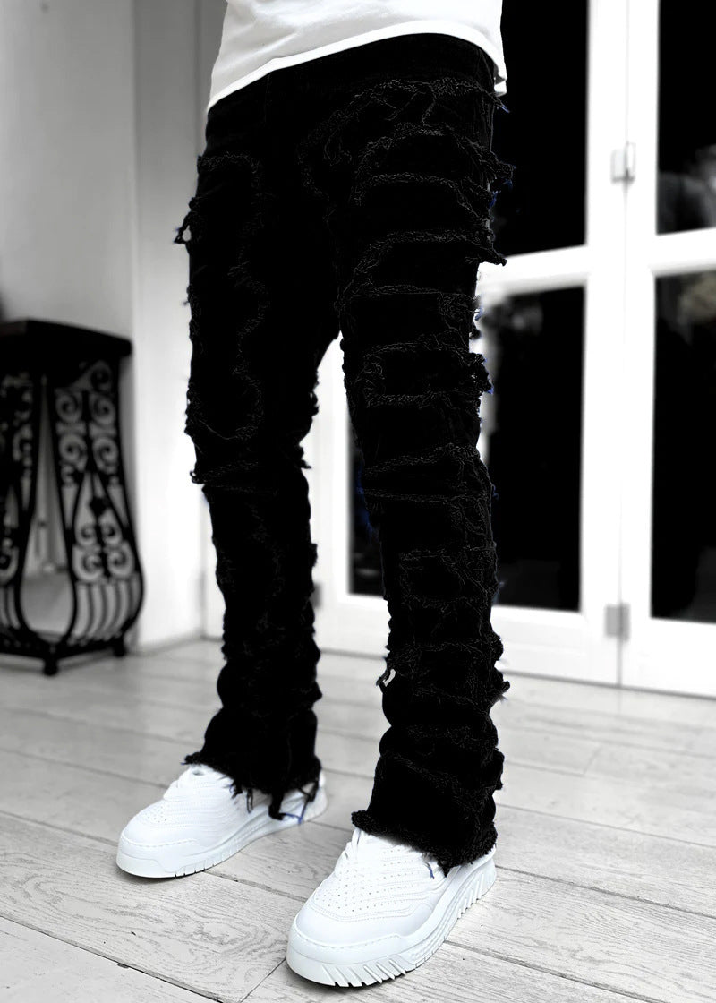 Men's Patched Pants Long Tight Fit Stacked Pants For Men