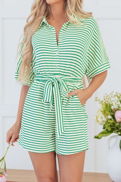 Striped Half Sleeve Tie Waist Romper - Munsieur