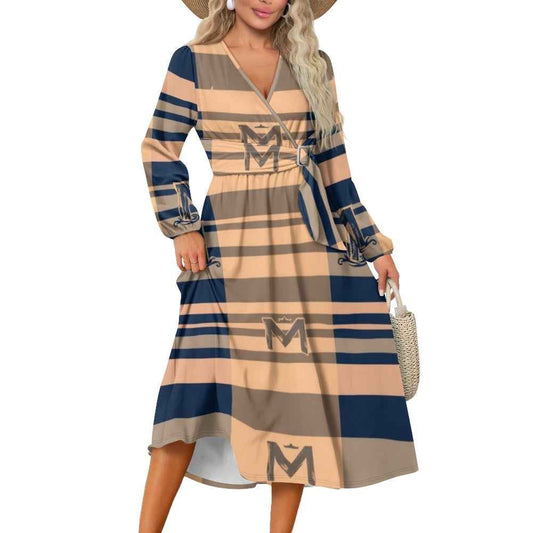 V-Neck Long Sleeve Tie Waist Midi Dress