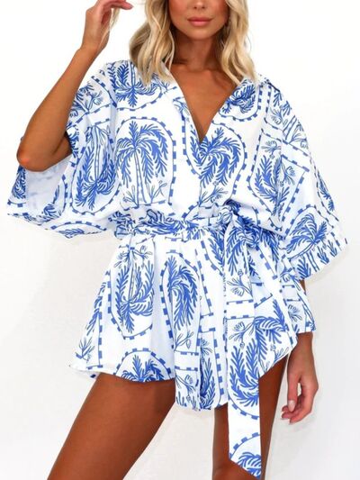 Printed Tie Waist Half Sleeve Romper - Munsieur