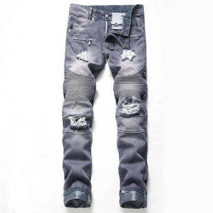 Nostalgic Ripped Motorcycle Pants Straight Personality