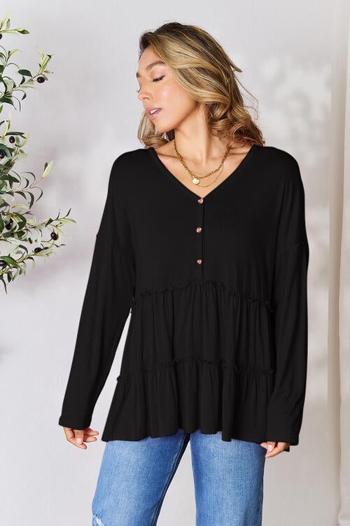 Double Take Half Button Long Sleeve Ruffle Hem Blouse - Munsieur