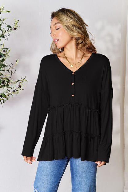 Double Take Half Button Long Sleeve Ruffle Hem Blouse - Munsieur
