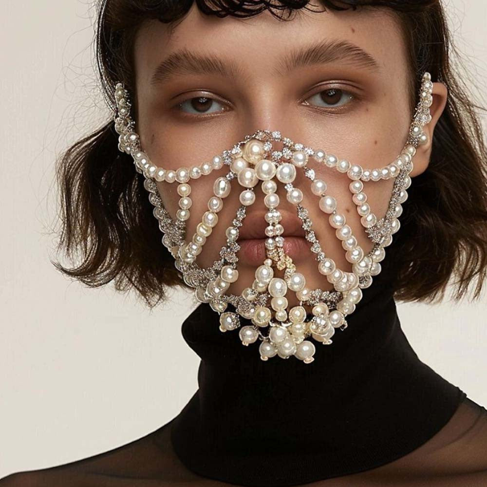 Pearl Fashion Exaggerated Music Festival Rhinestone Mask Accessories