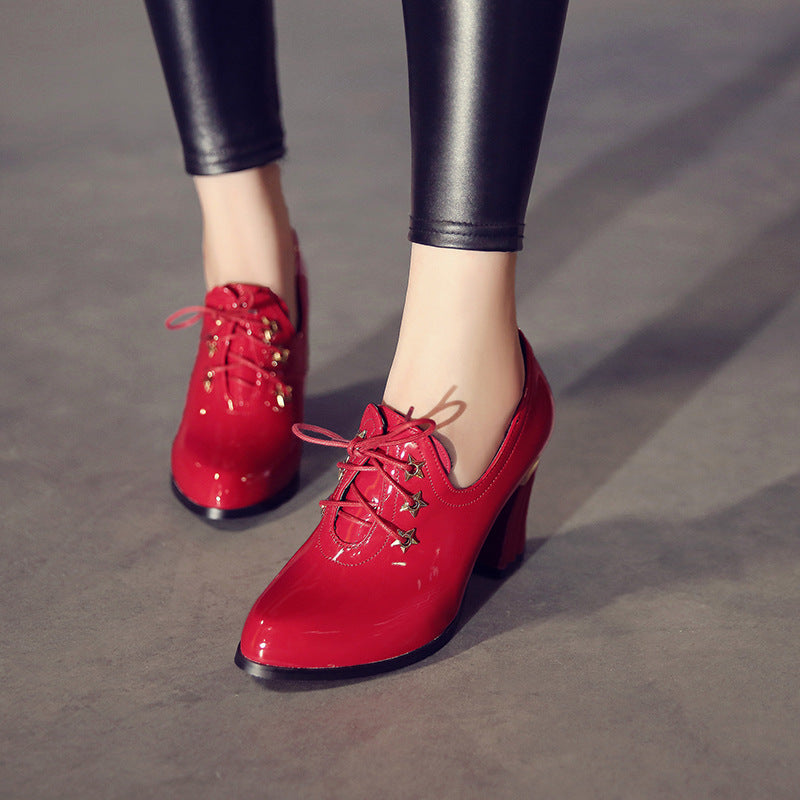 Vintage Women Pumps Red Patent Leather High Block Heel