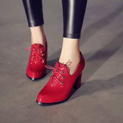 Vintage Women Pumps Red Patent Leather High Block Heel