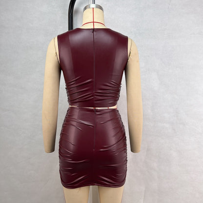 Women's PU Leather Sleeveless Midriff-baring Pleated Skirt Set