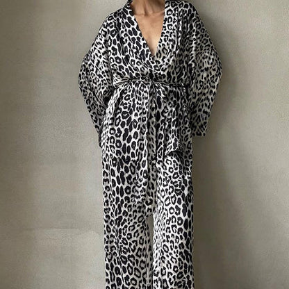 Women's Leopard Print Long-sleeved Jumpsuit Two-piece Set