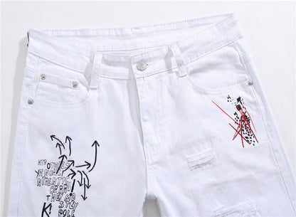 Men's Shredded Embroidery Pants Designer Royalty Style