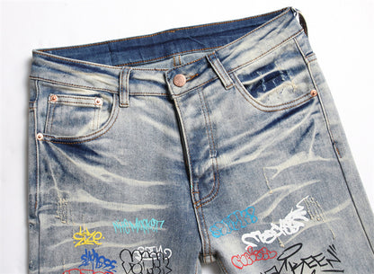 Punk Trendy Retro Blue Ripped Slim-fit Men's Pants