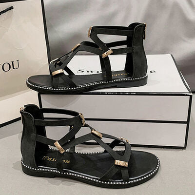 Open Toe Back Zipper Flat Sandals - Munsieur