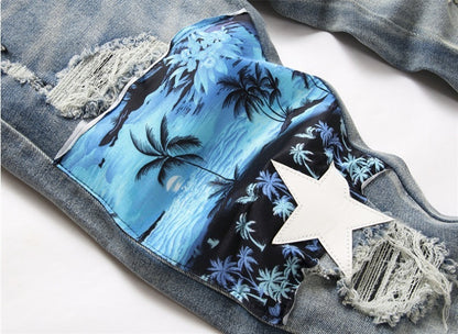 Men's Pants Blue With Holes Embroidered Printed