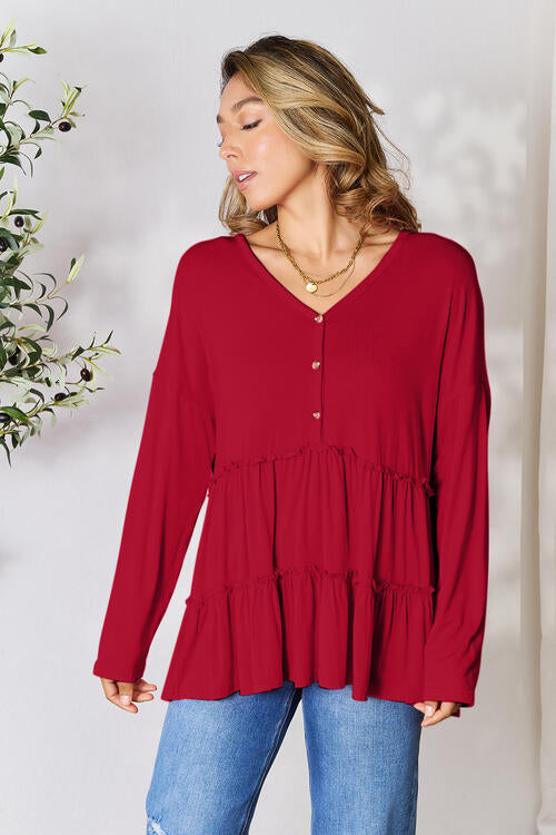 Double Take Half Button Long Sleeve Ruffle Hem Blouse - Munsieur