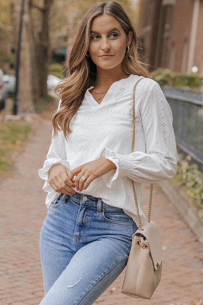 Openwork Notched Flounce Sleeve Blouse - Munsieur