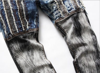 Embroidered Patched Hole Slim Stretch Men's Pants Designer Street Casual