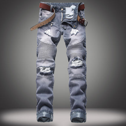 Nostalgic Ripped Motorcycle Pants Straight Personality