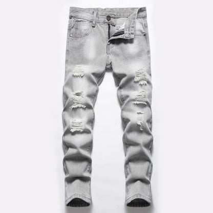 Men's Light Gray Ripped Straight Pants Denim