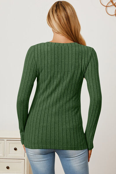 Full Size Ribbed V-Neck Long Sleeve T-Shirt - Munsieur