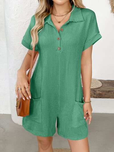 Button Detail Collared Neck Short Sleeve Romper - Munsieur