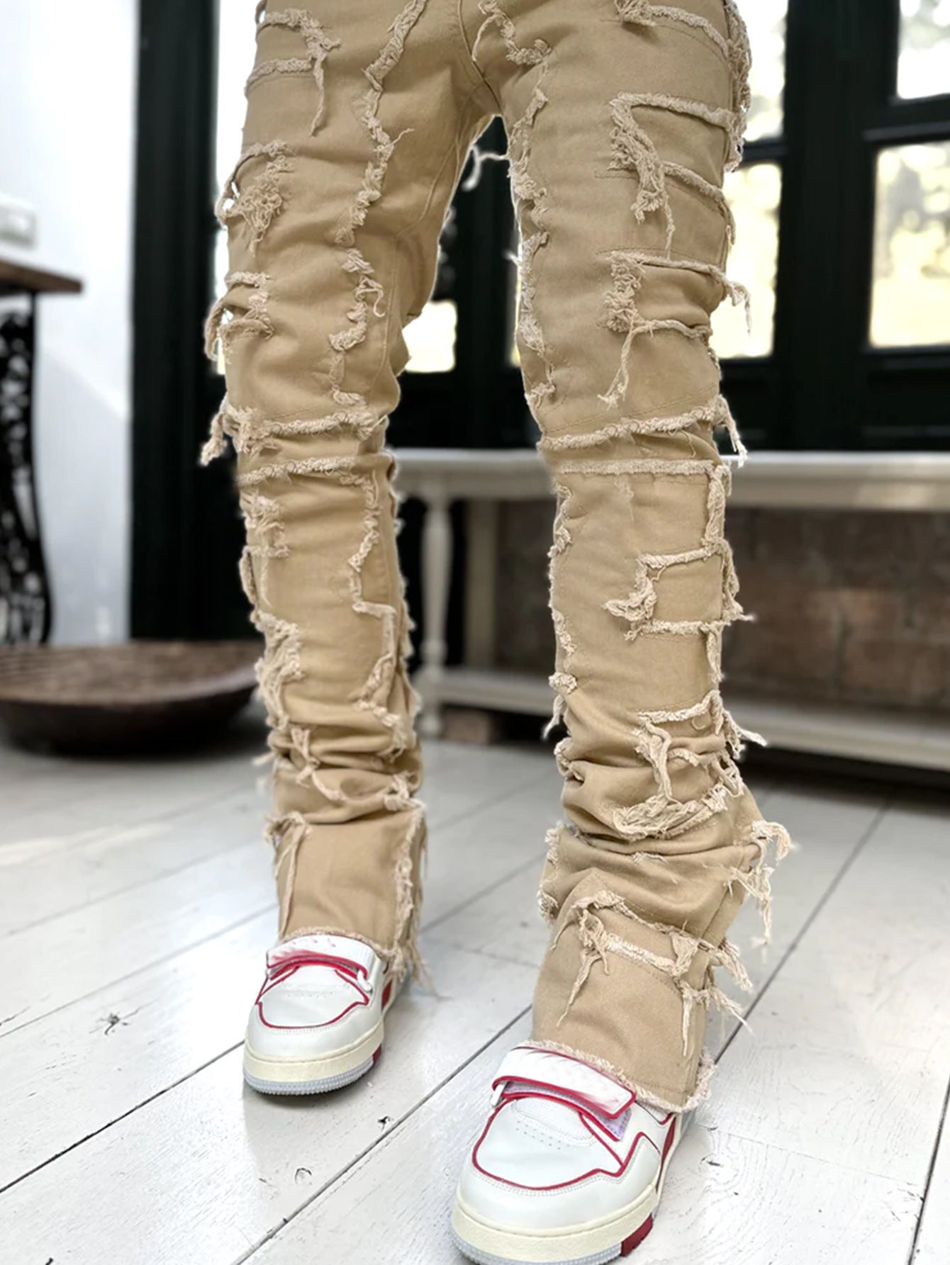 Men's Patched Pants Long Tight Fit Stacked Pants For Men