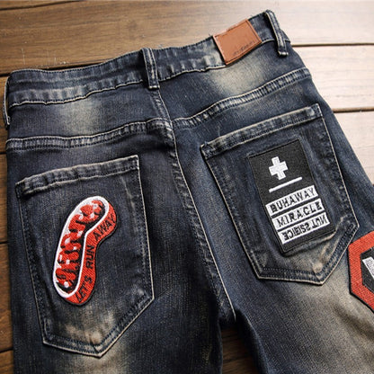 Men's Ripped Badge Streetwear Fashion Designer Pants