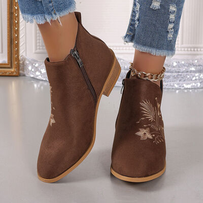 Embroidered Suede Point Toe Block Heel Boots - Munsieur