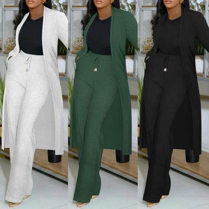 Women's Long Cardigan Jacket Sunken Business suit Stripe Wide Leg Two-piece Set