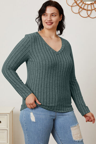 Full Size Ribbed V-Neck Long Sleeve T-Shirt - Munsieur
