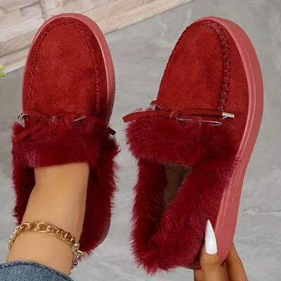 Bow Furry Round Toe Flat Slip-Ons - Munsieur