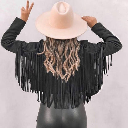 Women's Faux Suede Leather Fringe Jacket Motorcycle Moto Biker Open Front Tassel - Munsieur