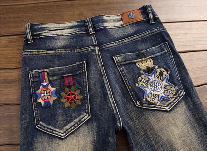 Fashion Retro Embroidery Ripped Pants