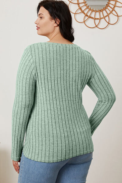 Full Size Ribbed V-Neck Long Sleeve T-Shirt - Munsieur