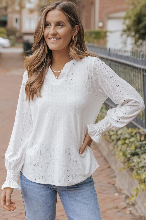Openwork Notched Flounce Sleeve Blouse - Munsieur