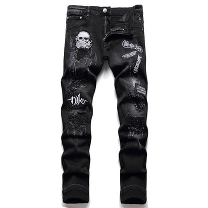 Men's Black Slim-fit Skull Ripped High Street Casual Pants