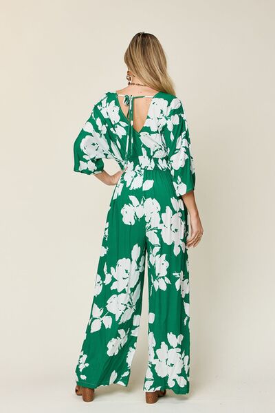 Double Take Full Size Printed Tie Back Wide Leg Jumpsuit - Munsieur