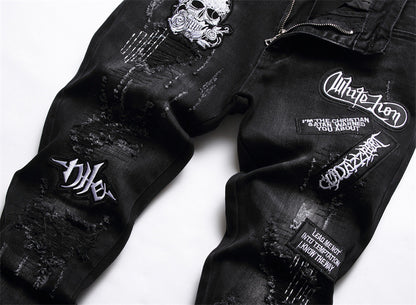 Men's Black Slim-fit Skull Ripped High Street Casual Pants