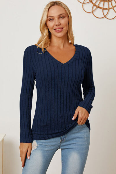 Full Size Ribbed V-Neck Long Sleeve T-Shirt - Munsieur