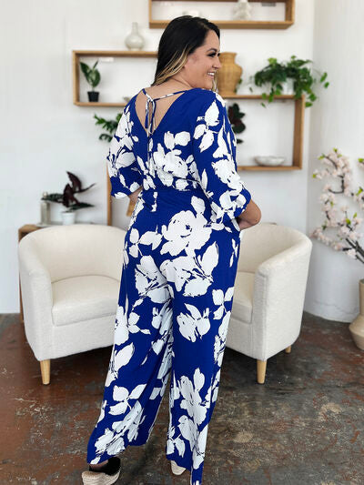 Double Take Full Size Printed Tie Back Wide Leg Jumpsuit - Munsieur