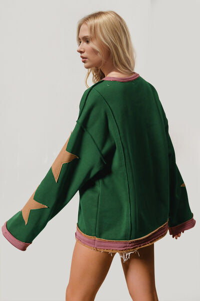 Double Take Star Patched Long Sleeve Sweatshirt for Style - Munsieur