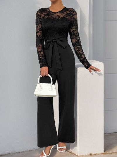 Perfee Lace Round Neck Long Sleeve Jumpsuit - Munsieur