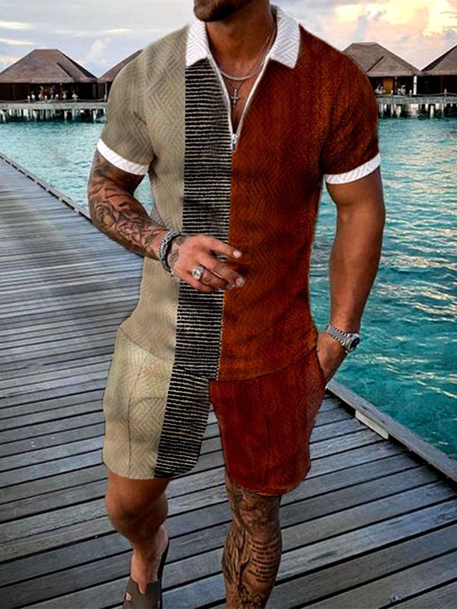 Men's Summer Fashion 3D Printed Geometric Zip Lapel Shorts Set