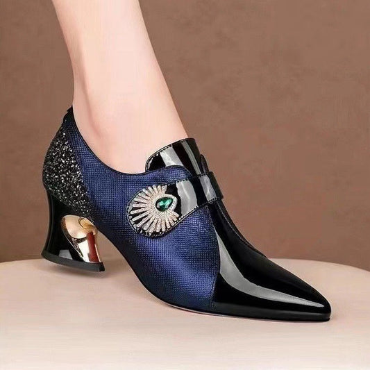 Women's Fashion Rhinestone Soft Leather Mid Heel Deep Mouth Pumps